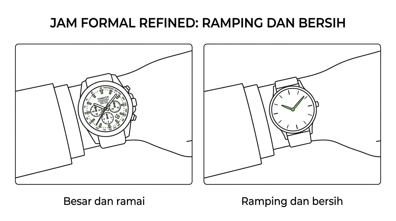 Perbandingan dua jam tangan wanita: satu ramping dengan dial bersih dan tampilan elegan untuk acara formal, satu lebih besar dengan detail ramai bergaya sporty kasual.