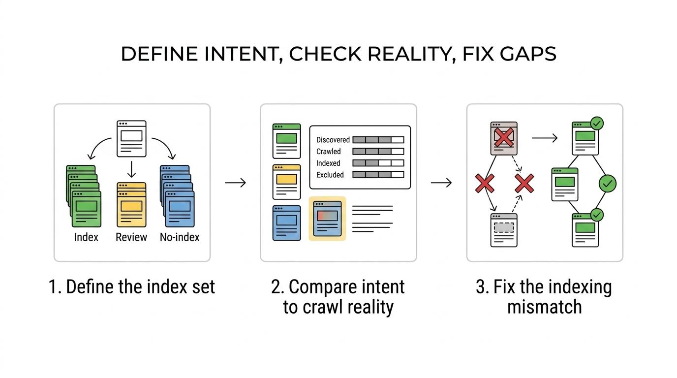 Three-step technical SEO workflow showing intended index targets, comparison with crawled and indexed URLs, and fixes for mismatches.