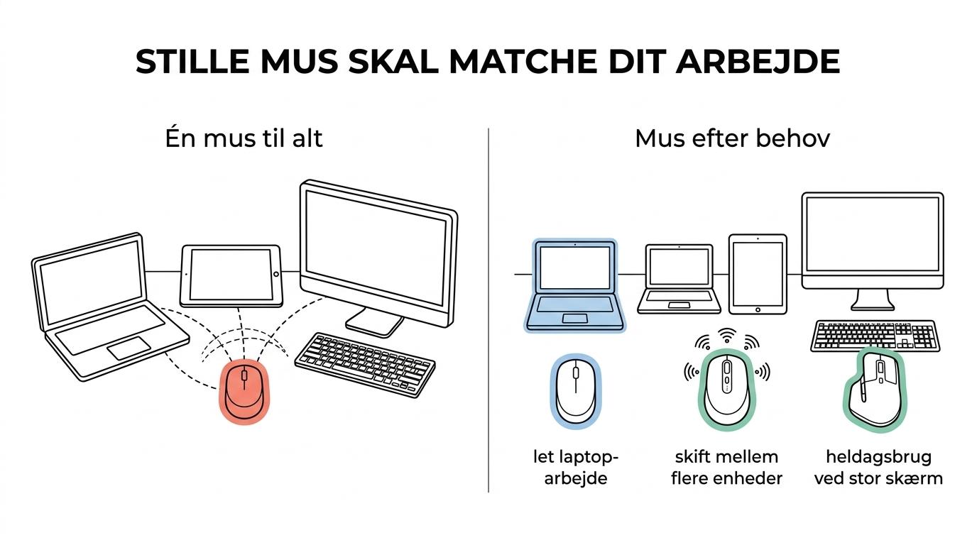 Sammenligning af Logitech M240, Razer Pro Click Mini og Logitech MX Master 3S med forskelle i forbindelse, batteri, form og typisk kontorbrug.