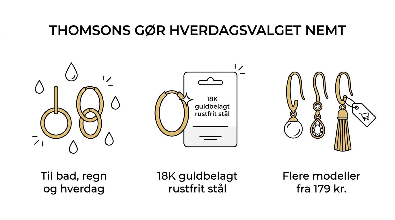 En oversigt over vandfaste guldøreringe fra Thomsons med fokus på 18K guldbelagt rustfrit stål, bad, regn, træning, prisniveau og flere forskellige stilarter.