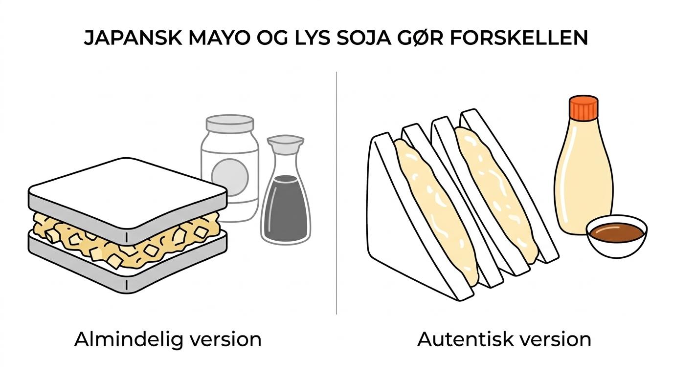Side om side visning af en almindelig æggesandwich og en japansk tamago sando med blødt brød, cremet fyld og pænt snit.