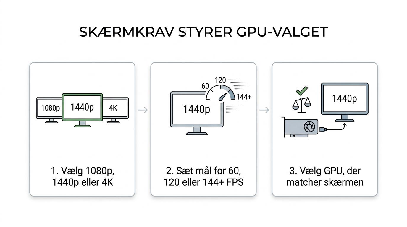 Et enkelt trin-for-trin-diagram, der viser valg af opløsning, mål for FPS eller refresh rate og derefter passende grafikkort.