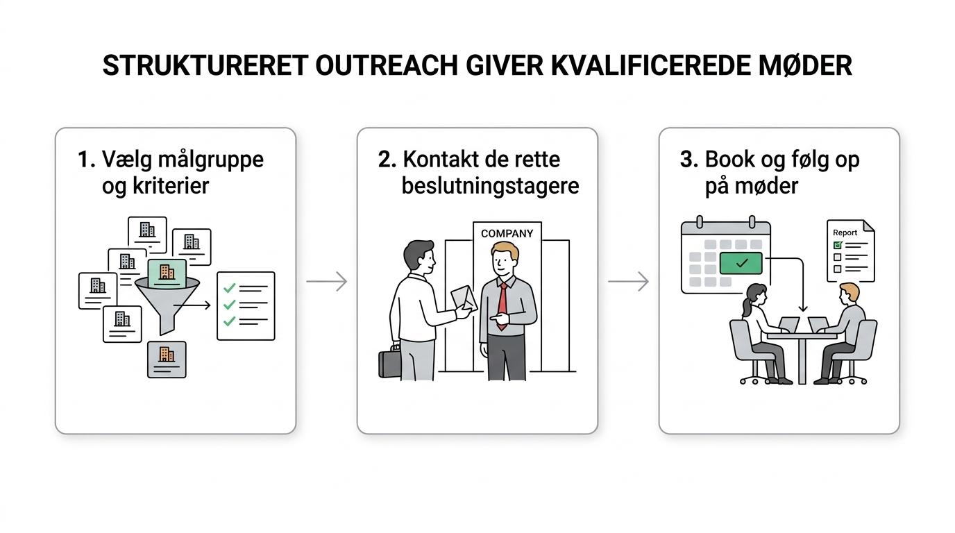 Flow, der viser en B2B-mødebookingsproces fra målgruppe og segmentering til kontakt, kvalificering, mødebooking og rapportering.