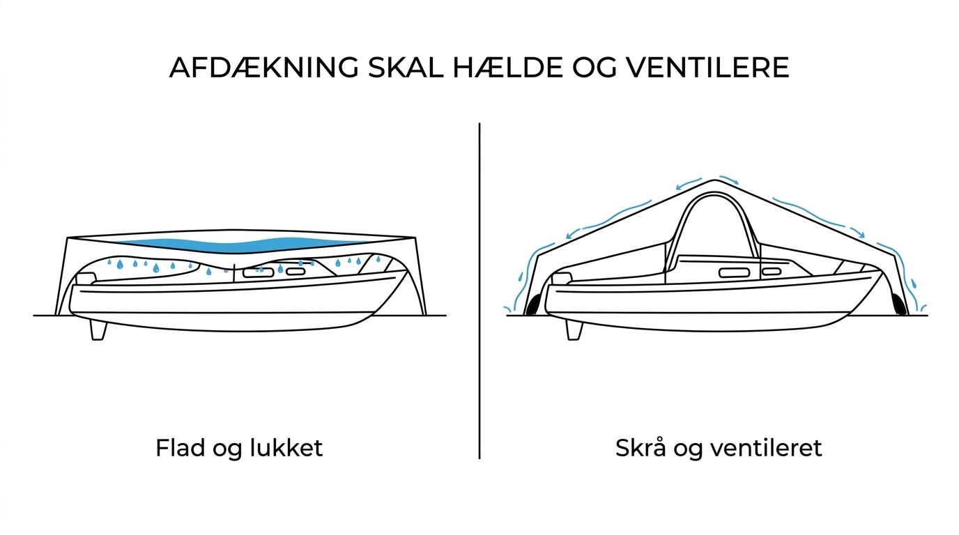 To både under vinterafdækning side om side: en med flad tæt presenning, vandlommer og kondens, og en med hældende ventileret cover hvor vandet løber af.
