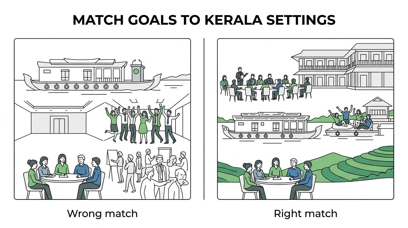 Side-by-side guide comparing Kochi, Kerala backwaters, Munnar-Thekkady, and Kovalam-Thiruvananthapuram for different corporate retreat goals.