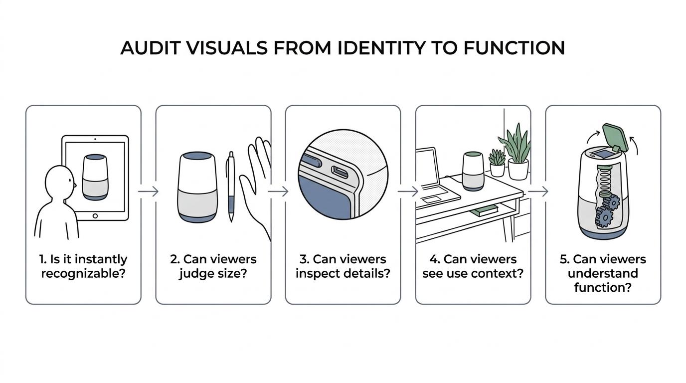 Five-step product launch visual audit showing identity, scale, detail, context, and function proof in sequence.