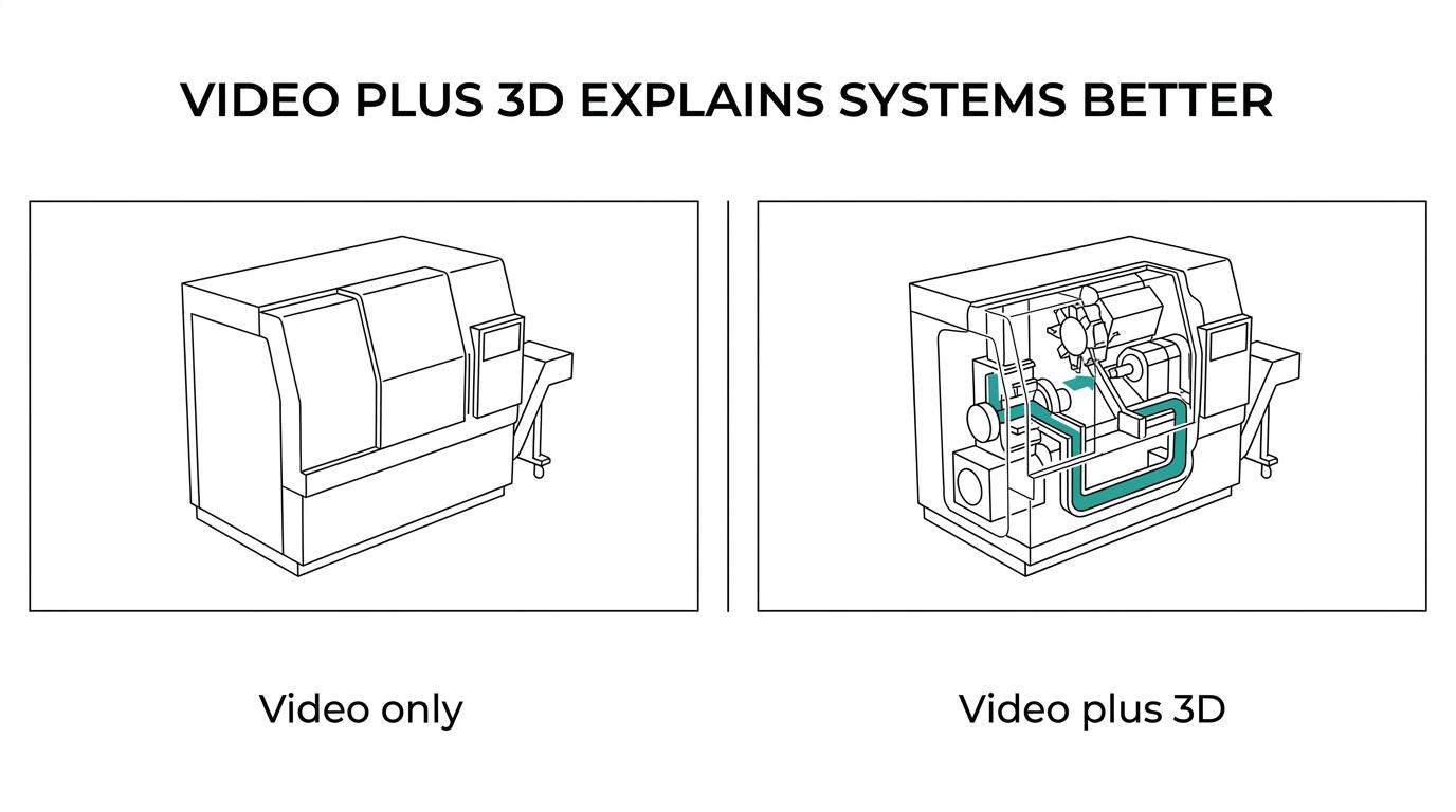 Side-by-side view of standard factory video footage and an enhanced version with 3D cutaway machine internals and process flow overlays.