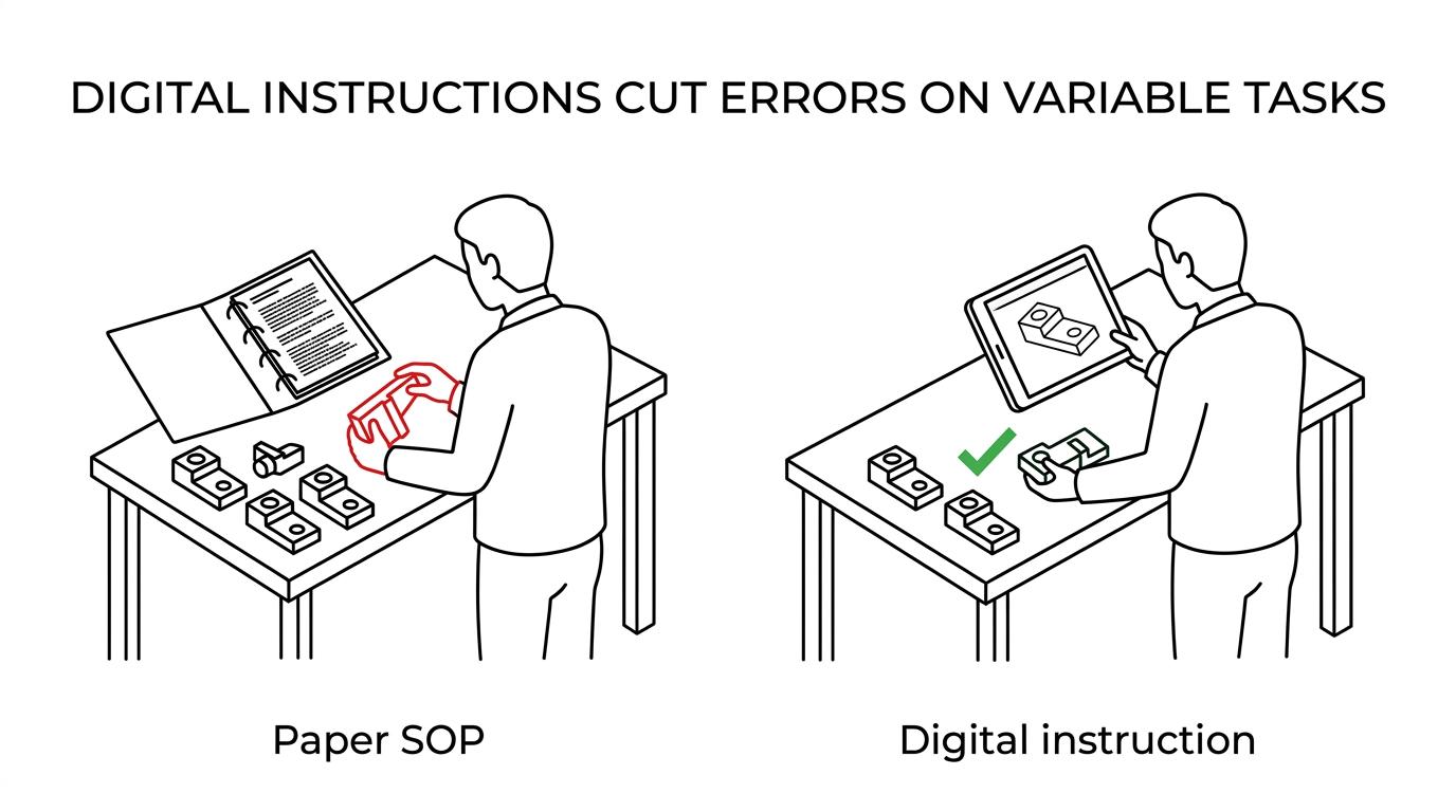 Side-by-side comparison of a paper SOP binder and a digital work instruction screen with branching steps, revision control, and completion checks.