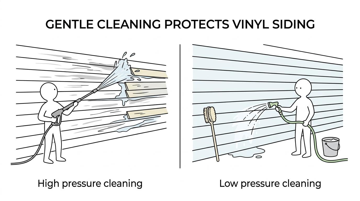 Vinyl Siding Cleaning After Pollen Season: What Helps 1 Side-by-side comparison of gentle vinyl siding cleaning methods and aggressive washing, highlighting safer uses and the risks of high pressure.
