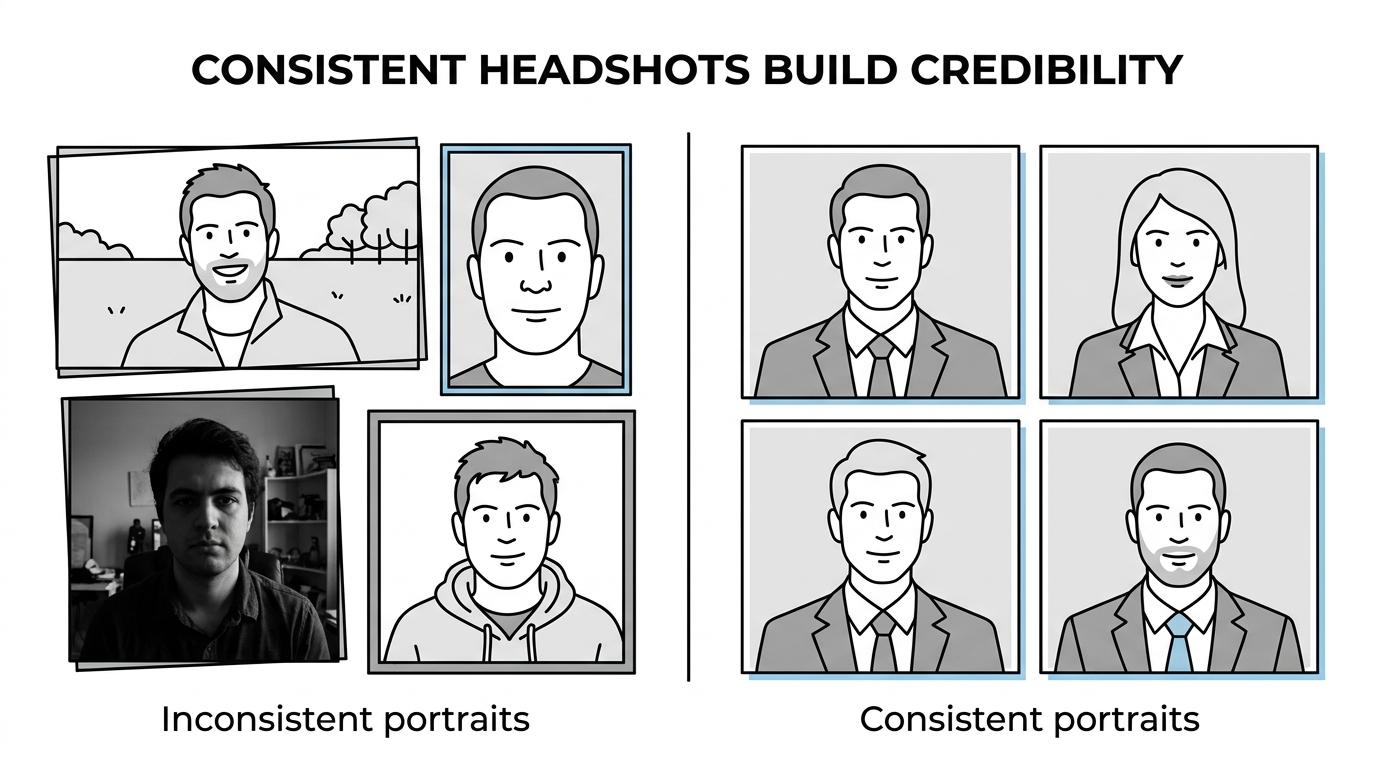 Side-by-side staff headshots showing inconsistent casual portraits on one side and polished, uniform corporate portraits on the other.