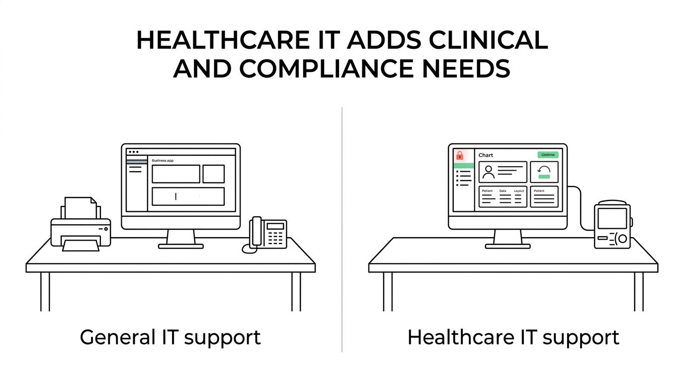 Side-by-side comparison of general IT support and healthcare IT support across security, compliance, devices, and downtime planning.