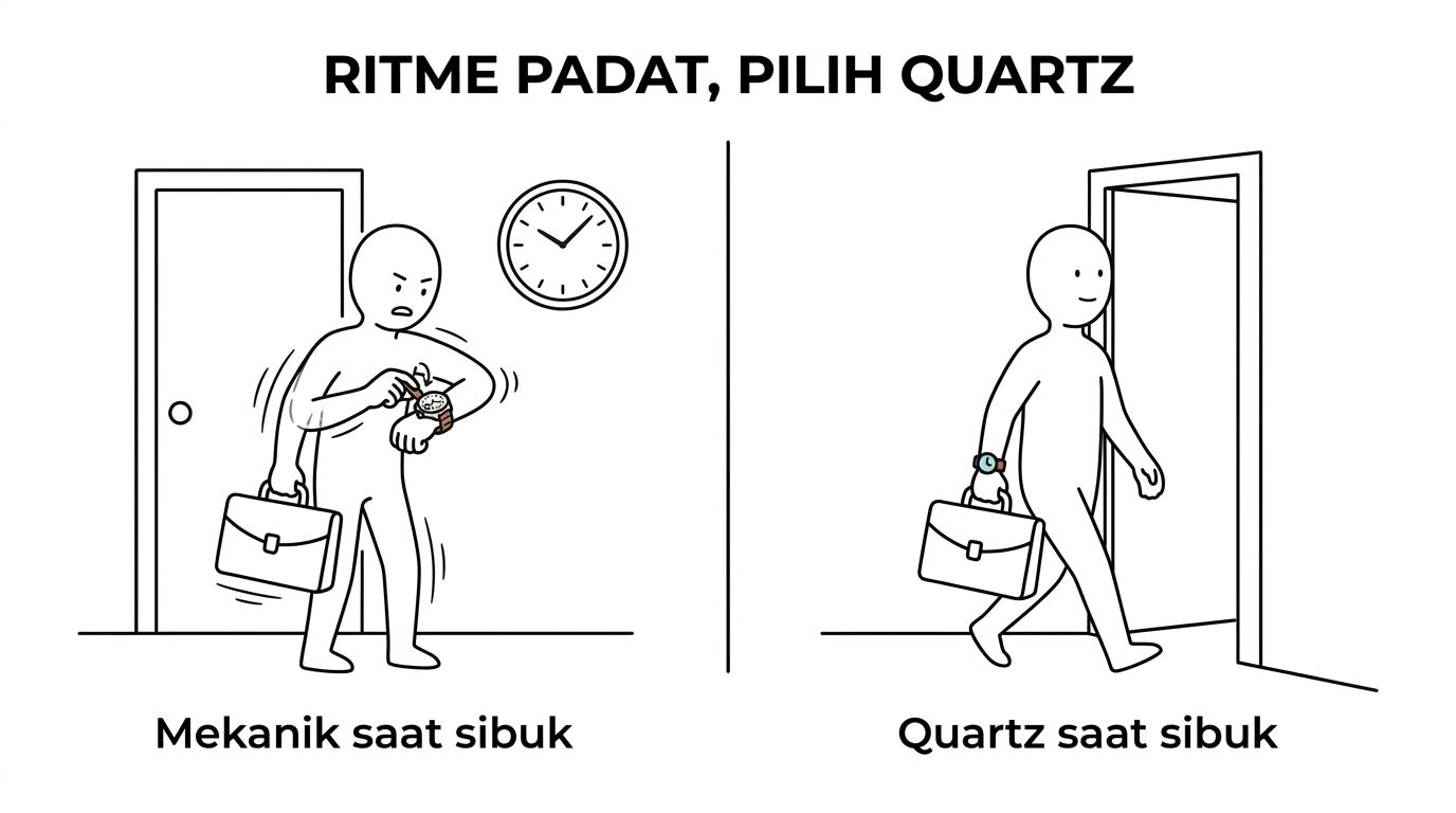 Perbandingan jam tangan quartz dan mekanik untuk pemakaian harian, menyorot kepraktisan, akurasi, dan kebutuhan perawatan.