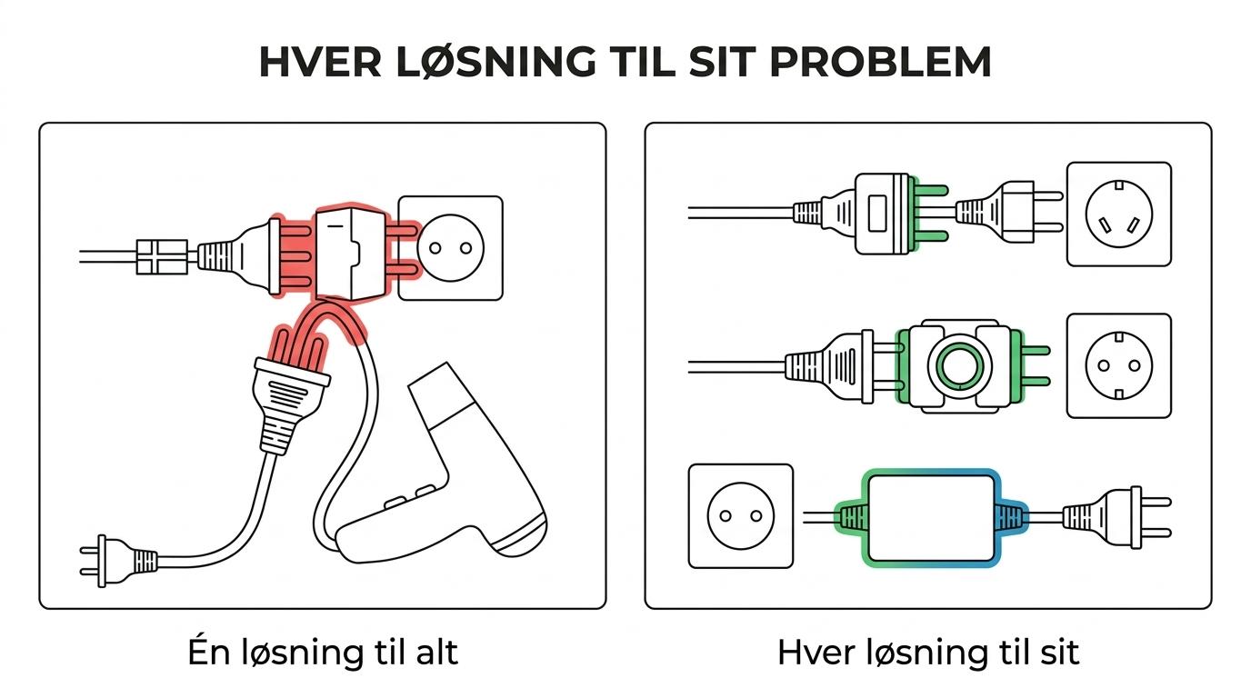 Sammenligning af rejseadapter, systemadapter og omformer med deres forskellige formål.