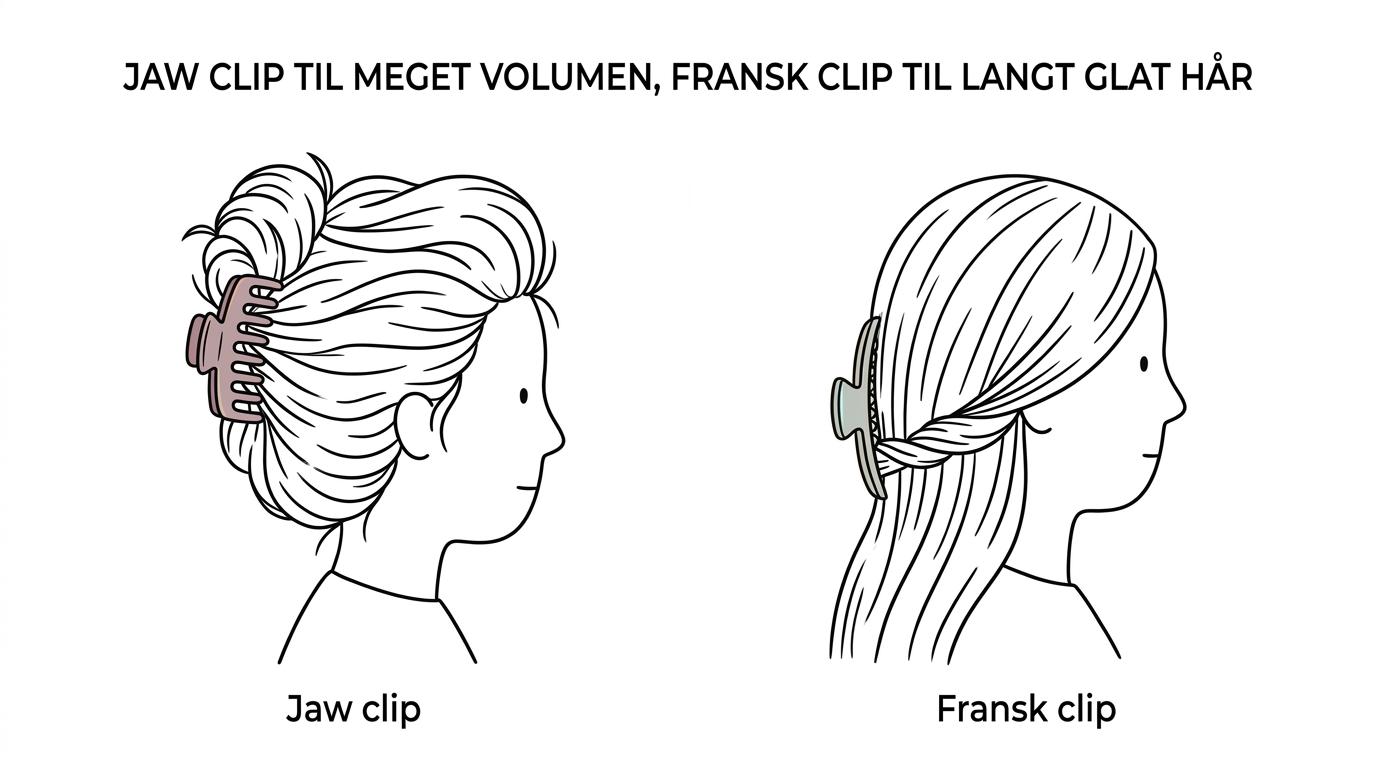 Sammenligning af en jaw clip og en fransk clip i kraftigt hår, hvor den ene giver en hurtig høj twist og den anden en fladere lav opsætning.