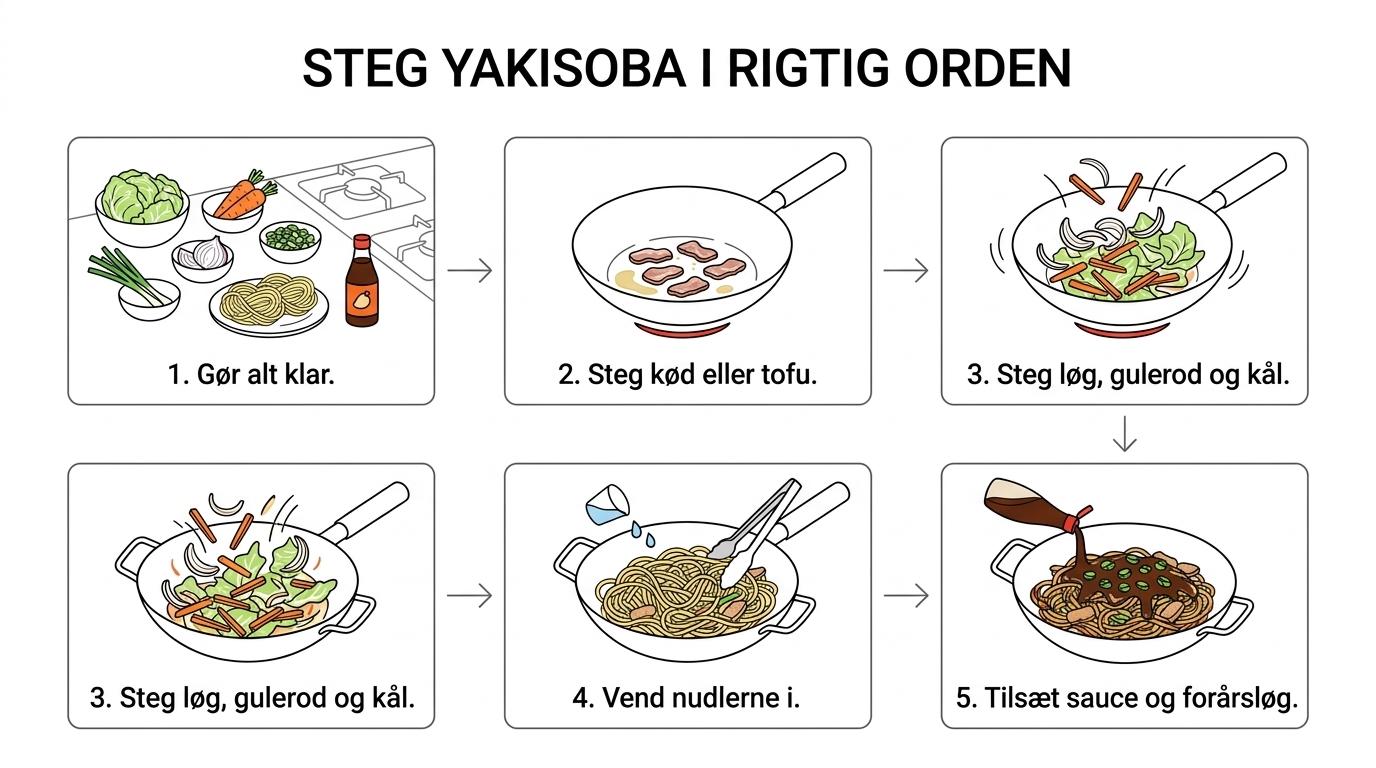 Trinvis visning af yakisoba: kød eller tofu steges først, derefter grøntsager, så nudler og til sidst sauce og forårsløg.