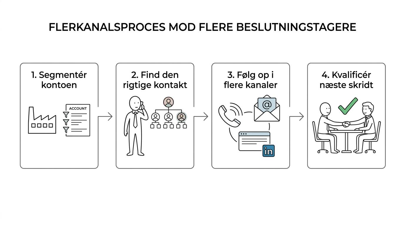 Flowdiagram over industriel outbound fra segmentering til første kontakt, flerkanals opfølgning og kvalificeret møde.