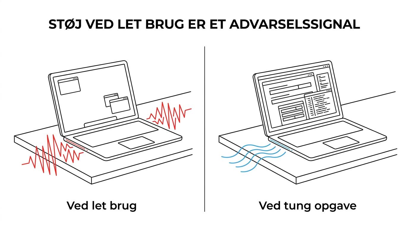 Sammenligning af en bærbar med normal blæserstøj under belastning og en bærbar med konstant eller skrabende støj som advarselstegn.
