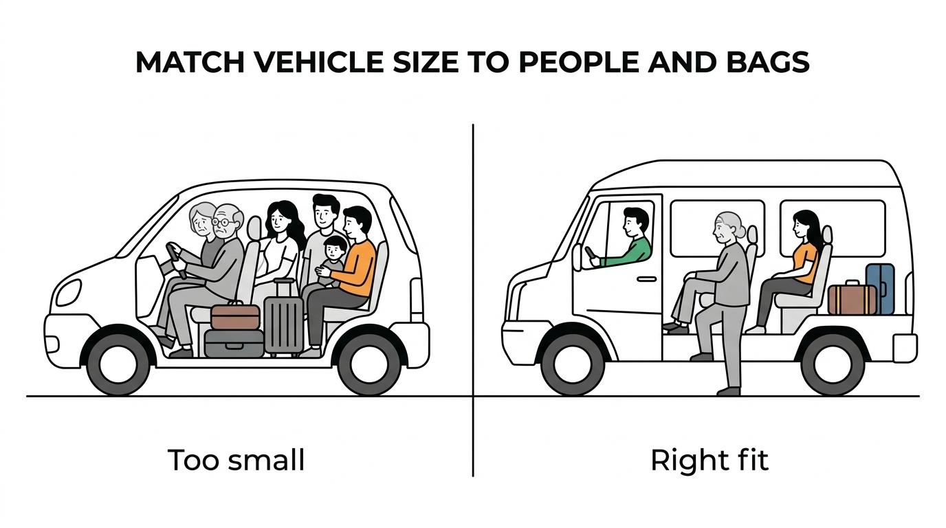 Side-by-side guide showing Kerala group sizes paired with sedan, MUV, tempo traveller, minibus, and coach options, with brief comfort and luggage notes.