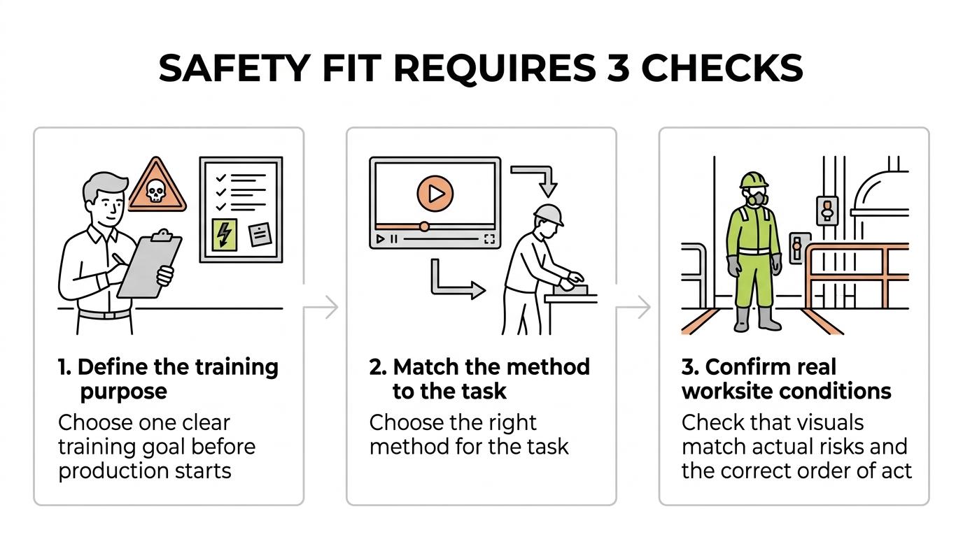 Three-step flow showing define the hazard message, match the video format to the training task, and confirm real worksite risks and controls.