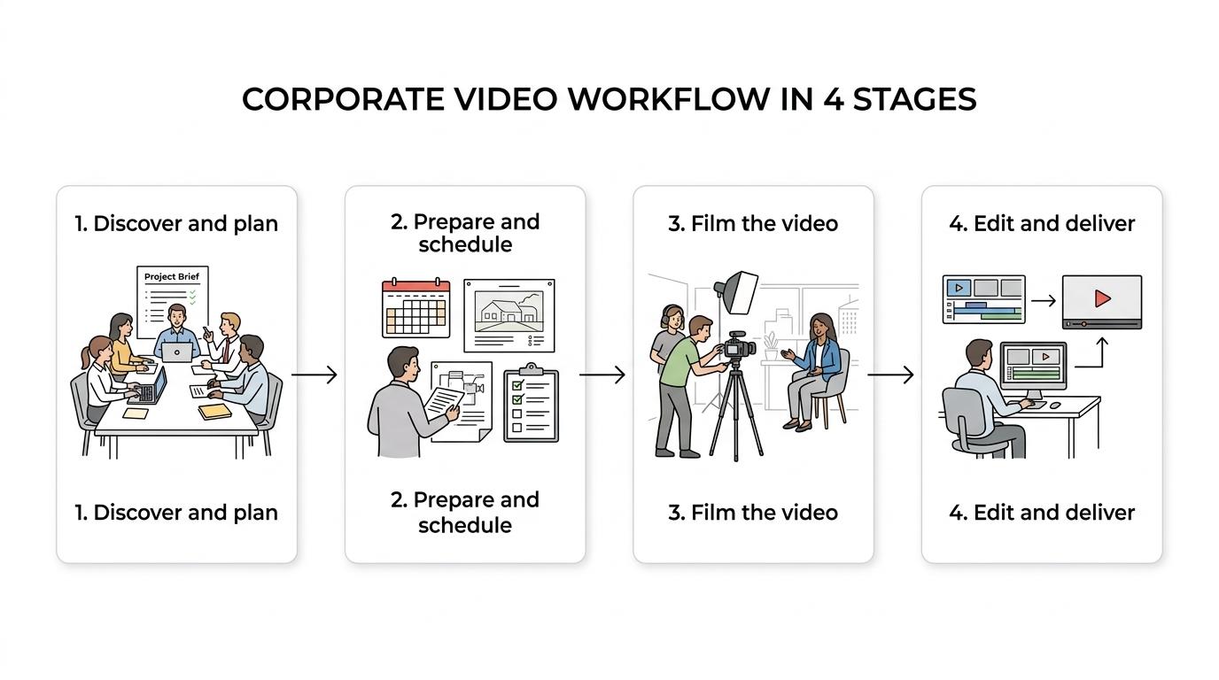 A four-step corporate video production process showing discovery and planning, pre-production, filming, and post-production delivery.