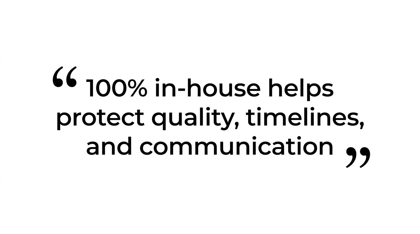 A highlighted quote stating that 100% in-house corporate video production helps protect quality, timelines, and communication.