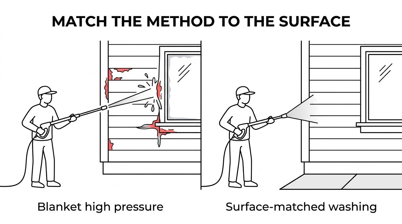 Side-by-side comparison of soft washing for siding and trim versus high-pressure washing for concrete, with safer uses and damage risks noted.