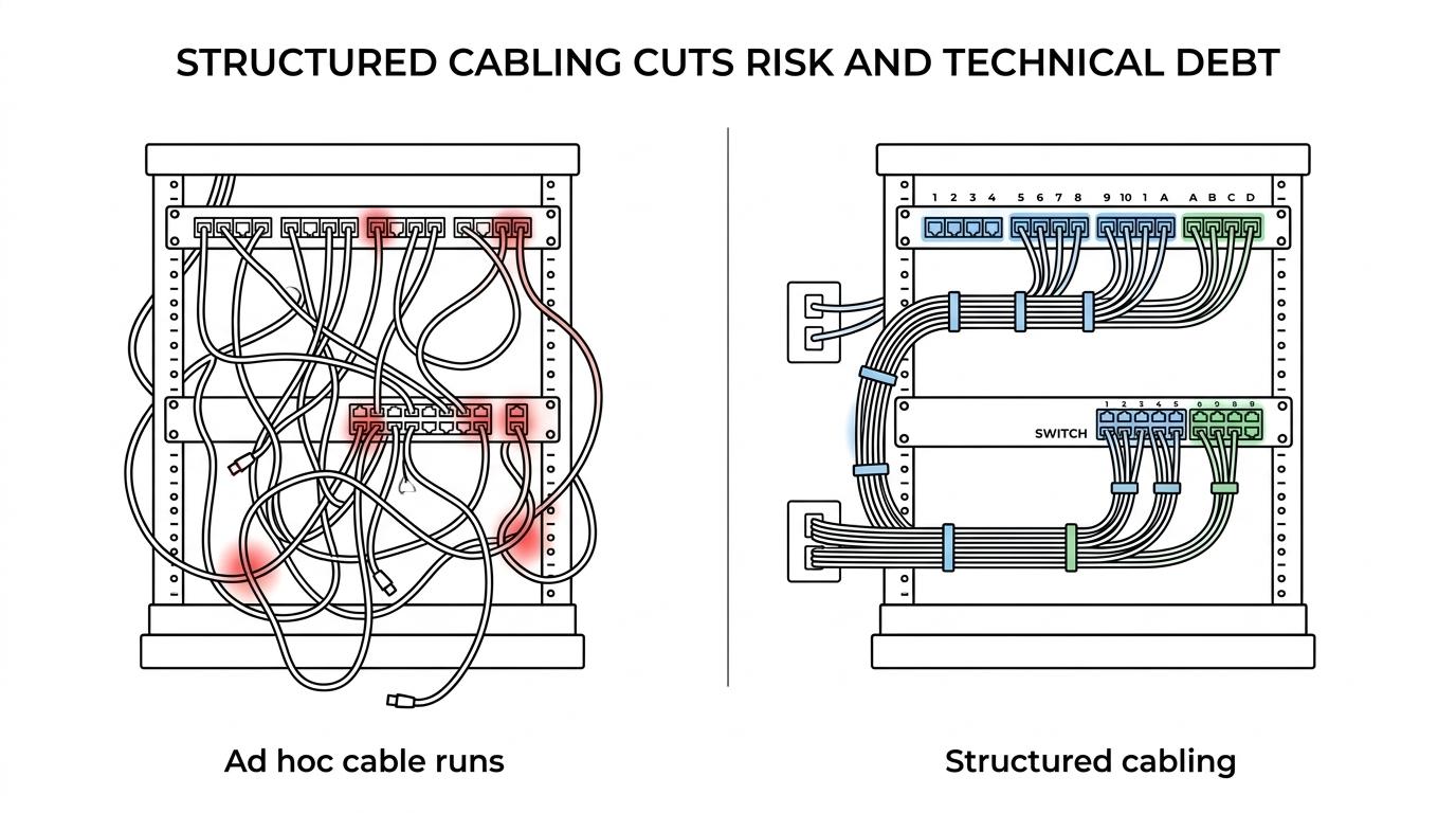 Side-by-side office network closets showing labeled structured cabling on one side and messy ad hoc cable runs on the other.