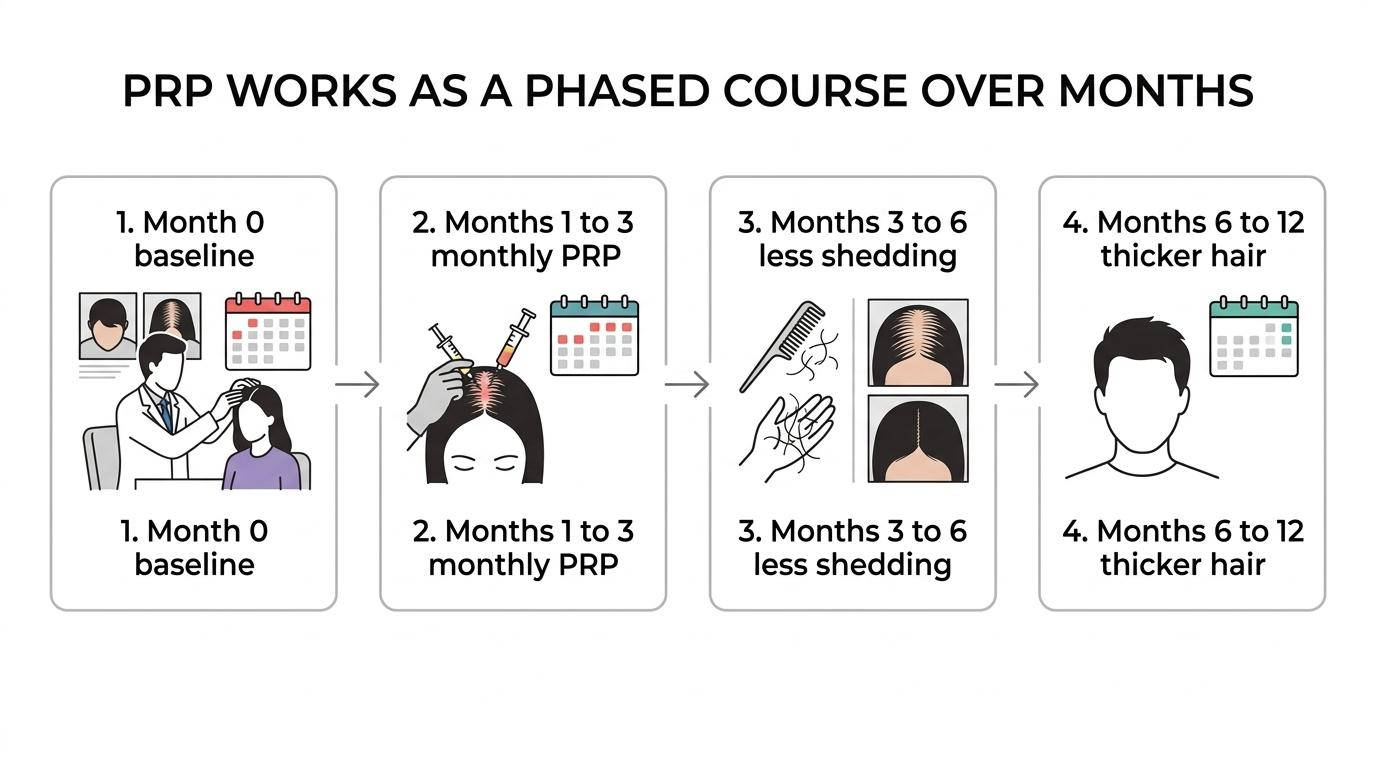 Timeline of PRP hair treatment over 12 months, from baseline and monthly starter sessions to later visible improvement and maintenance.