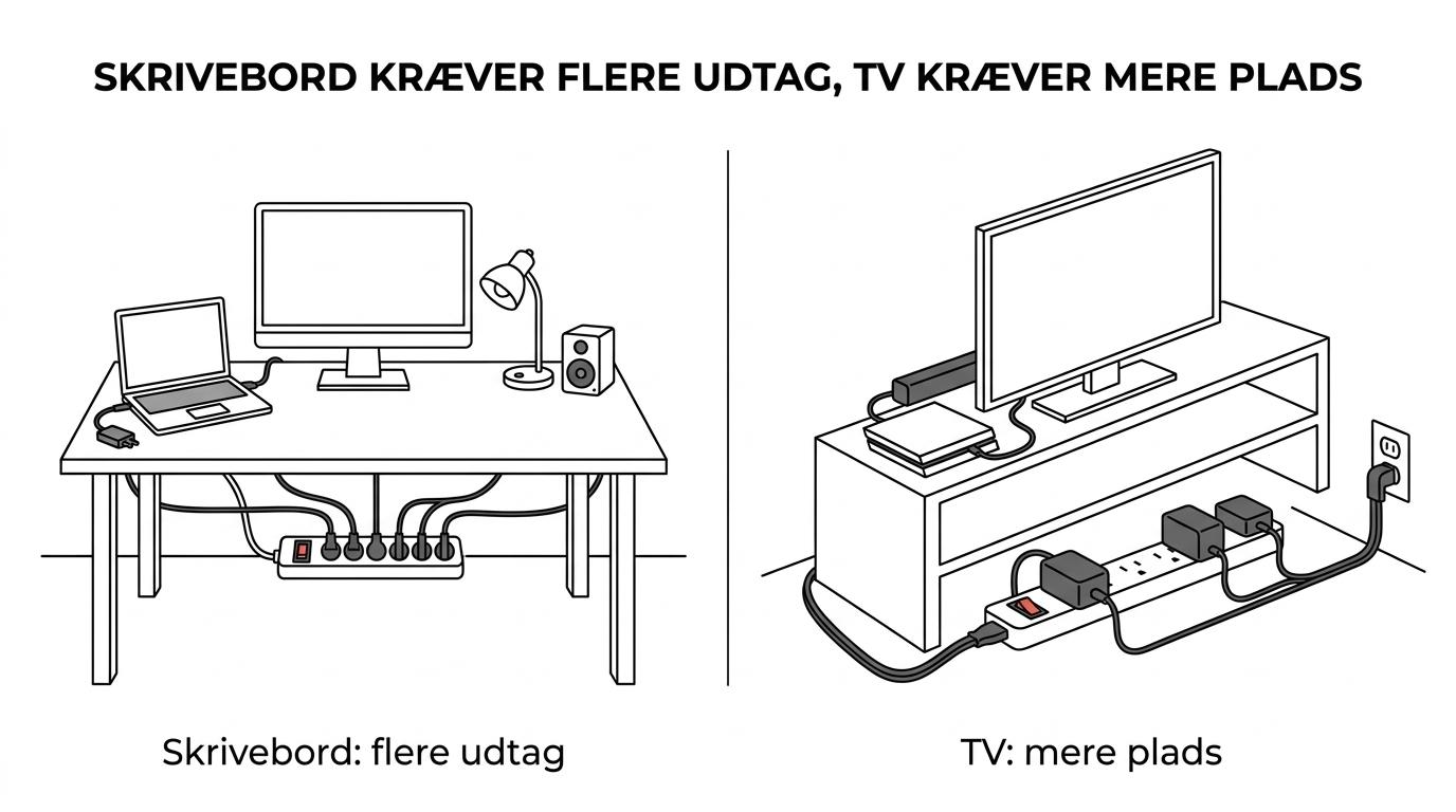 Sammenligning af stikdåsebehov ved skrivebord og TV-opsætning med fokus på udtag, afstand og stiktype.