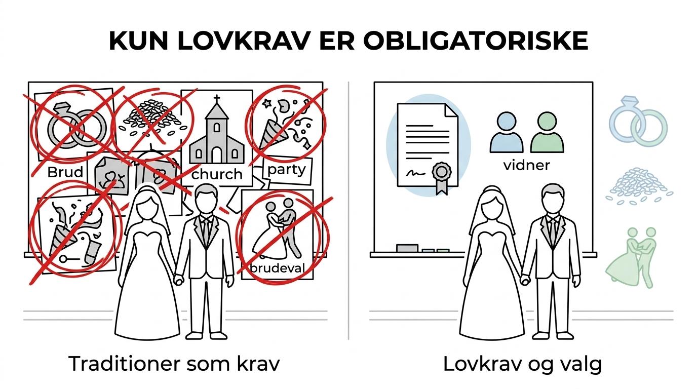 Comparison of legal wedding requirements versus optional wedding traditions in Denmark.