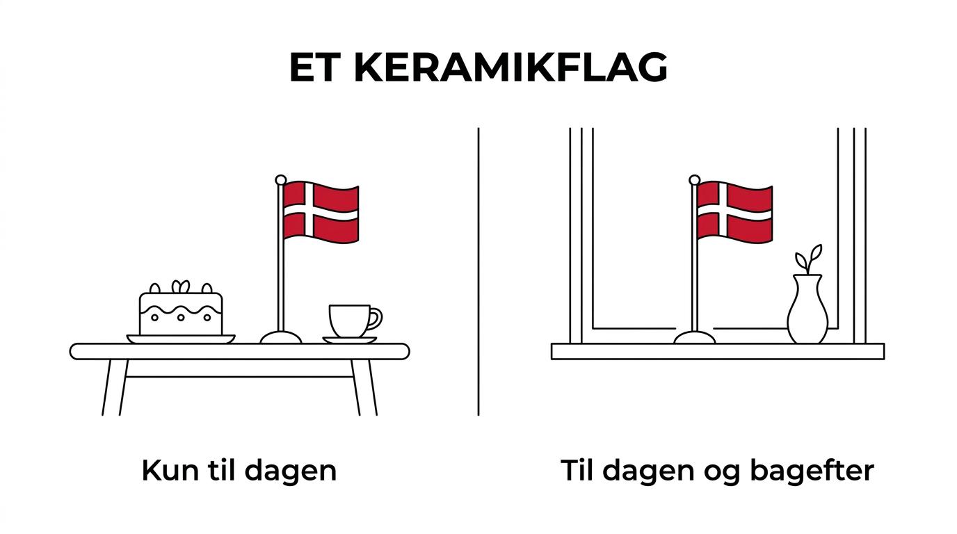 Et lille keramikflag til morfar vist side om side på et fødselsdagsbord og senere på en hylde i hjemmet.