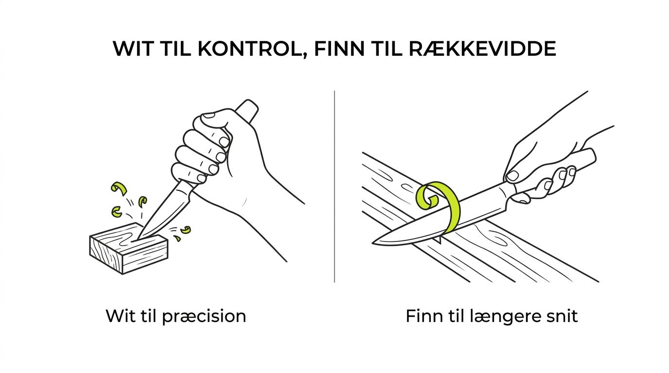 Side-by-side sammenligning af Morakniv Wit og Finn med fælles konstruktion og forskelle i kontrol, længde og brugsscenarie.