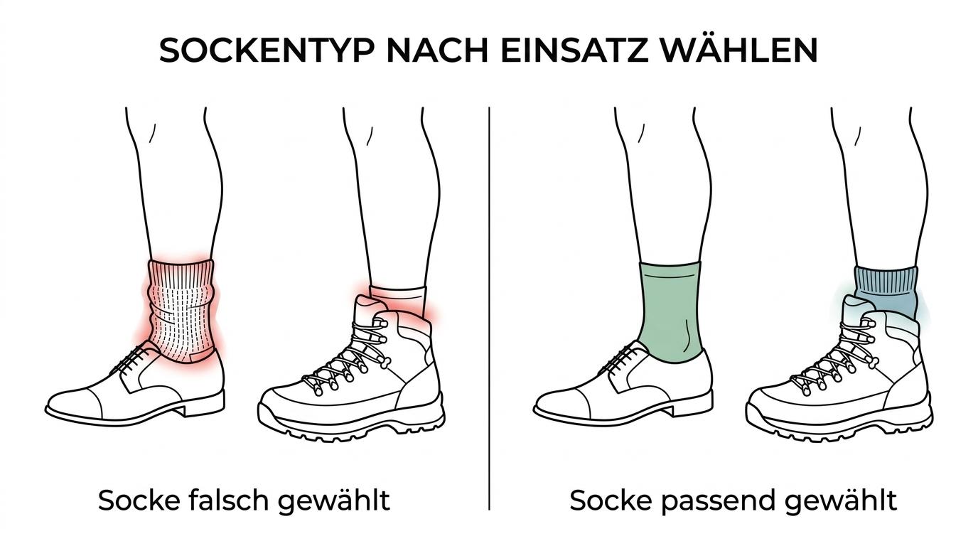 Side-by-side comparison of thin Merino socks, classic wool knit socks, trekking socks, and alpaca socks with their best uses for office, everyday wear, hiking, and home.