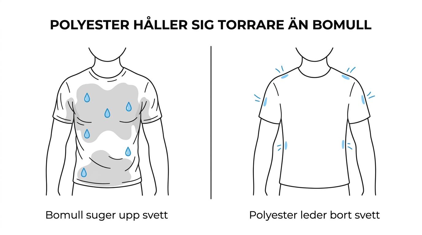 Side-by-side comparison of polyester and cotton sports T-shirts showing differences in moisture transport, wetness retention, and drying feel during training.