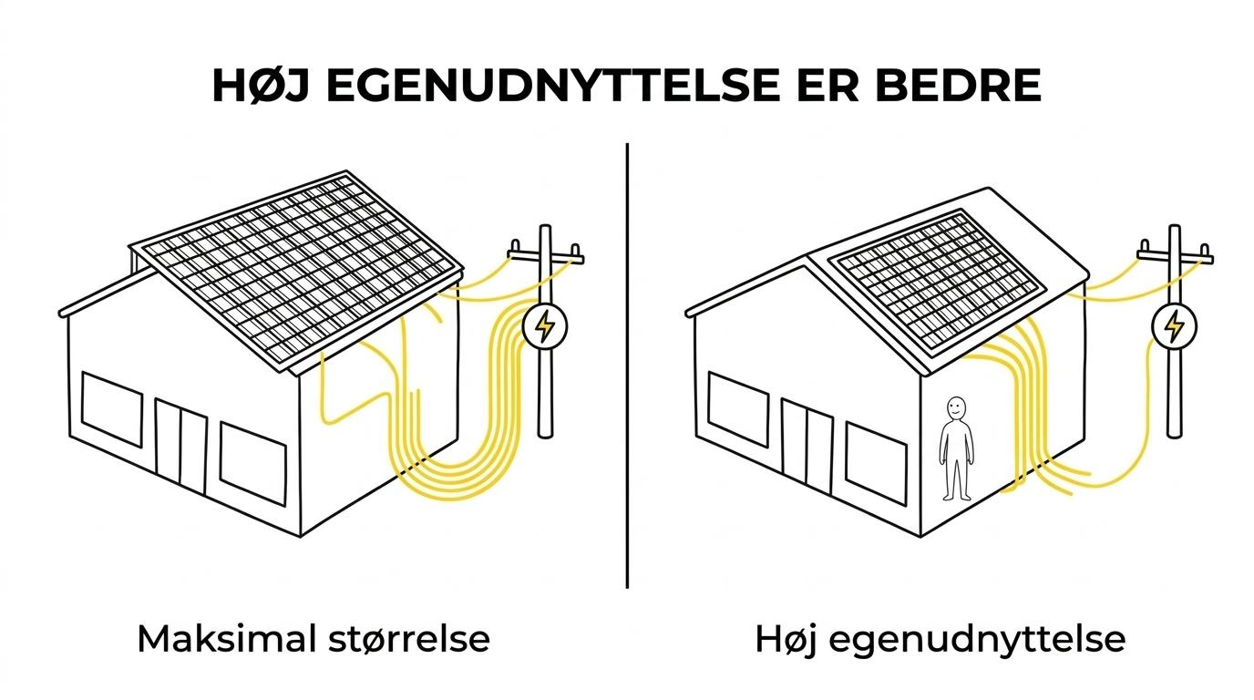 Sammenligning mellem et solcelleanlæg med høj egenudnyttelse i dagtimerne og et større anlæg med meget overskudsstrøm til nettet.