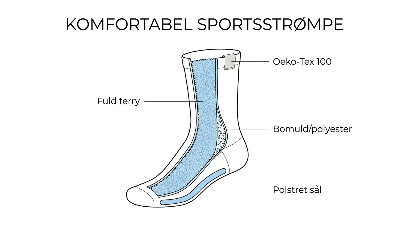 Illustration af en hvid sportsstrømpe med labels for fuld terry, bomulds- og polyesterblanding samt brug til sneakers og træning.