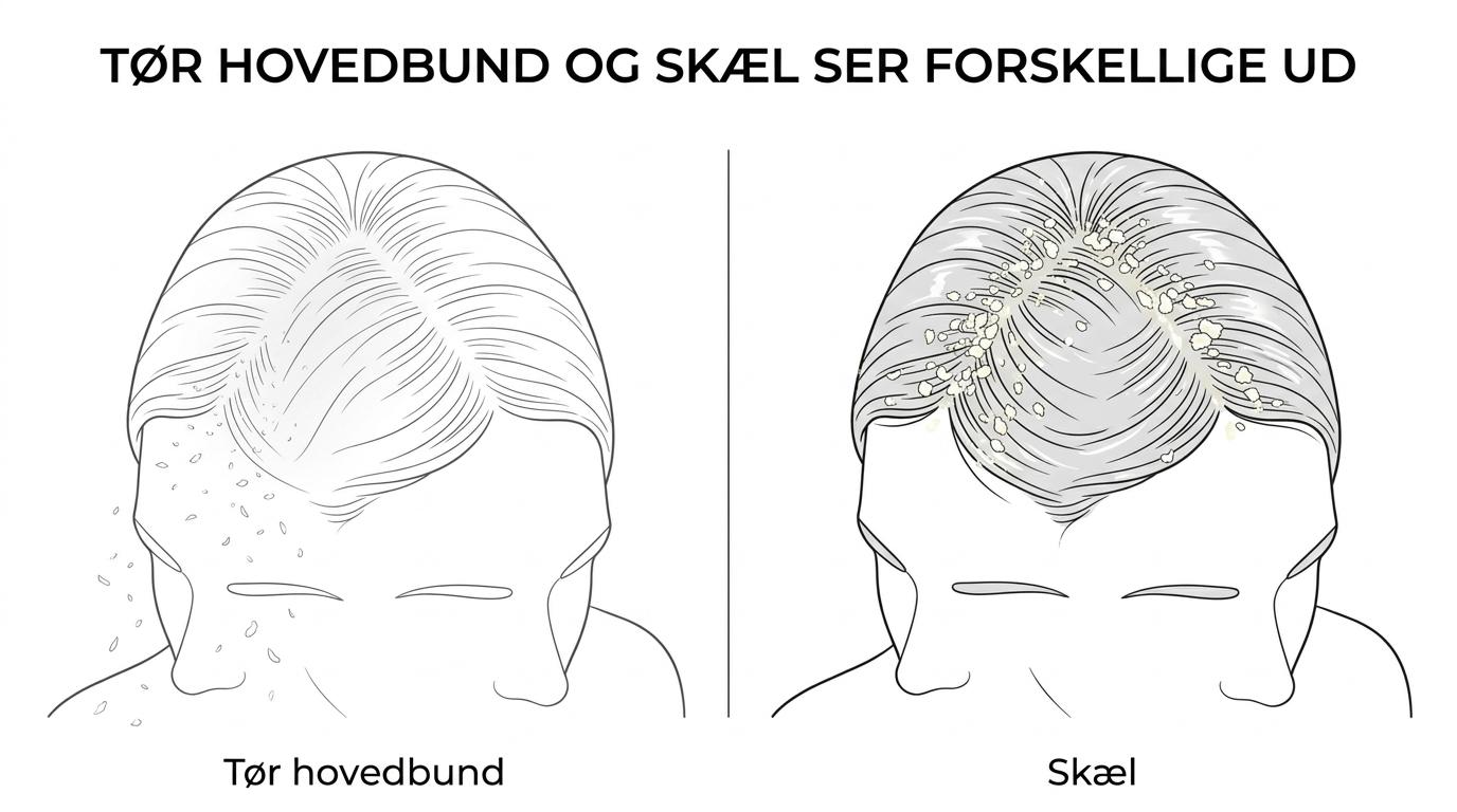 Sammenligning af tør hovedbund og skæl med forskelle i flager, hudfølelse, talg og tilbagevendende symptomer.