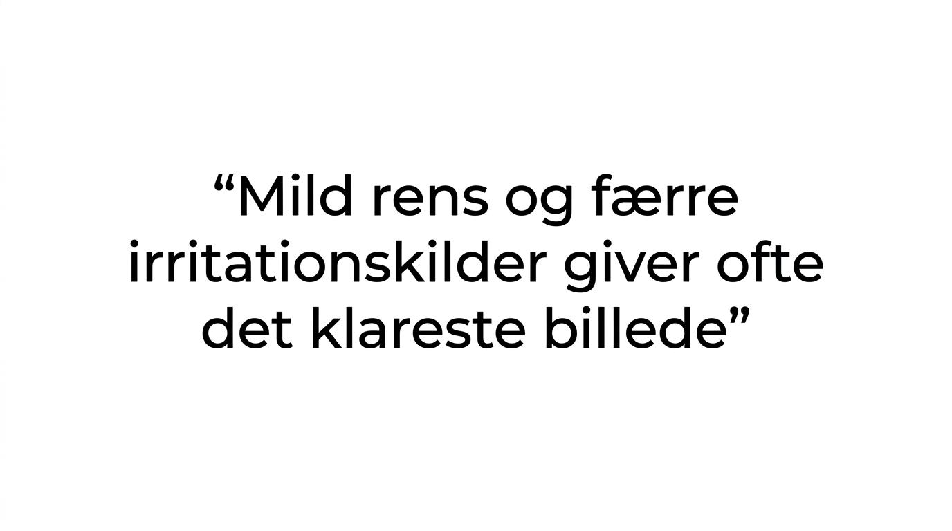 Citatkort med råd om mild rens, færre irritationskilder og at skabe ro i hovedbunden først.