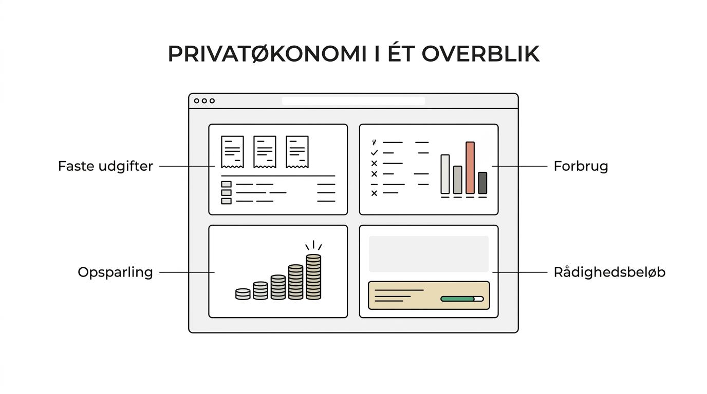 Et budgetdashboard med indtægter, faste udgifter, privatforbrug, opsparing og rådighedsbeløb vist samlet.