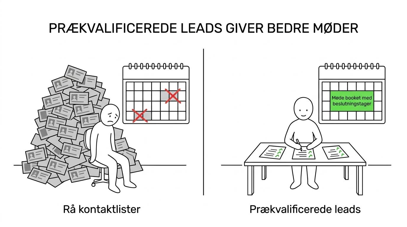 Side-om-side sammenligning af ren listekøb med mange ukvalificerede kontakter versus Partner Dialogs prækvalificerede leads med afklaret behov, timing og næste skridt.