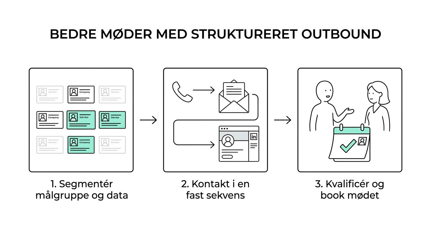 Procesgrafik, der viser B2B-leadgenerering fra segmentering og data til kontakt, kvalificering, mødebooking og rapportering.
