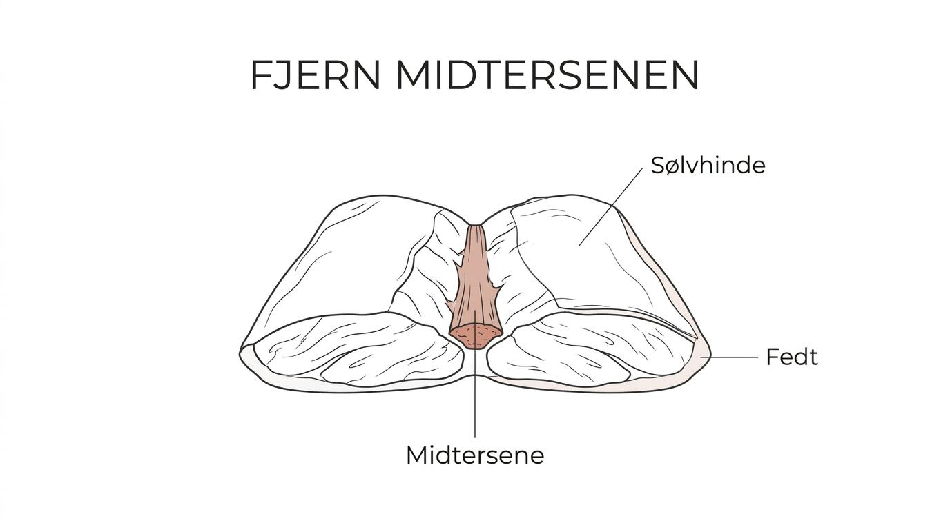 En mærket nyretapper, der viser de to muskeldele, midtersenen, sølvhinder, fedt og fiberretning.
