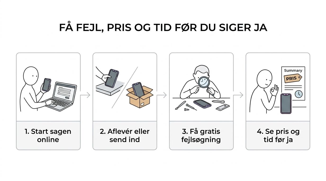 Procesoversigt for iPhone-reparation: gratis fejlsøgning, pris og tid, indlevering eller indsendelse, reparation eller ærligt alternativ.