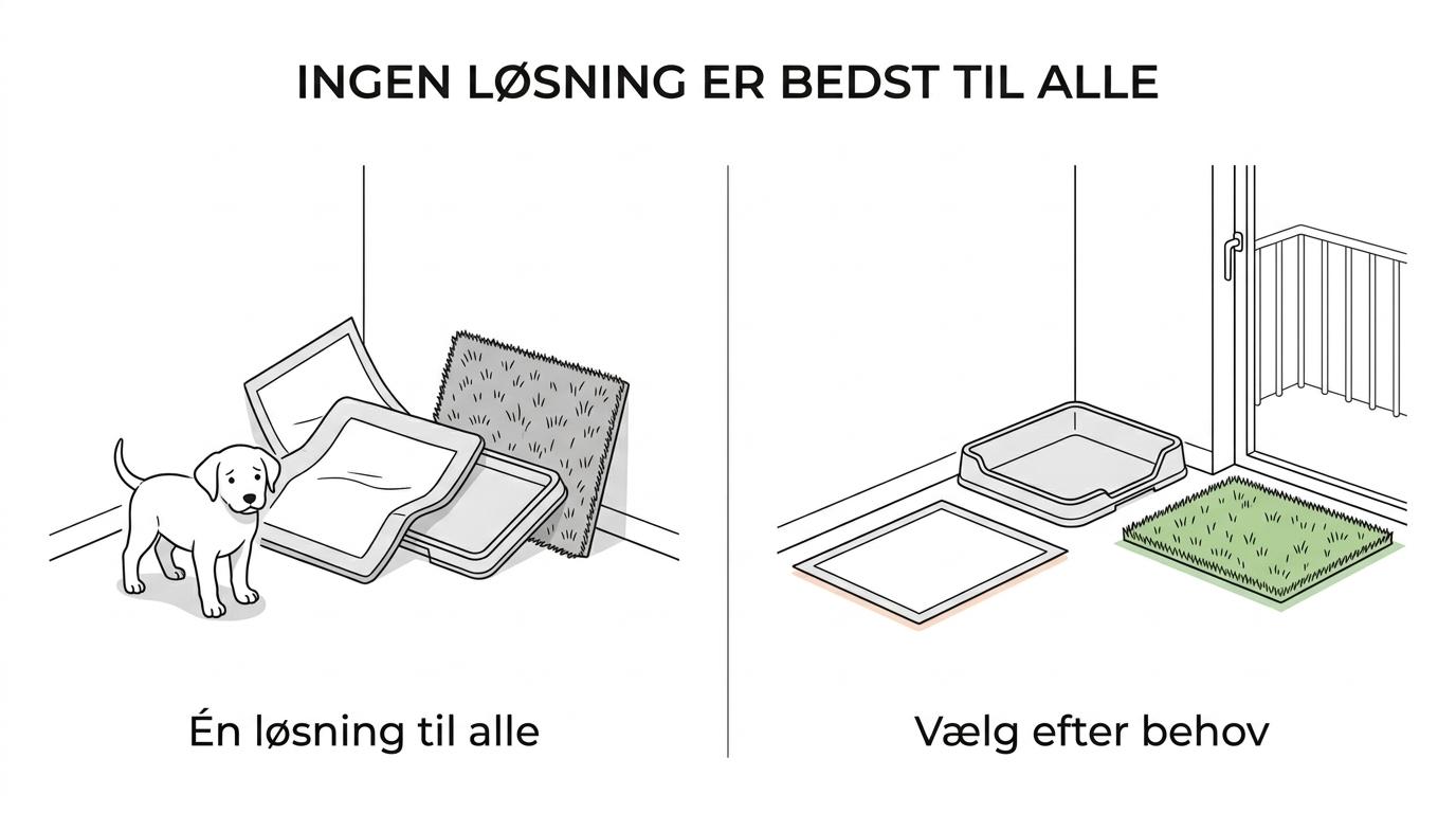 Sammenligning af potty pads, lav bakke og kunstgræs til hvalpetoilet i hjemmet.