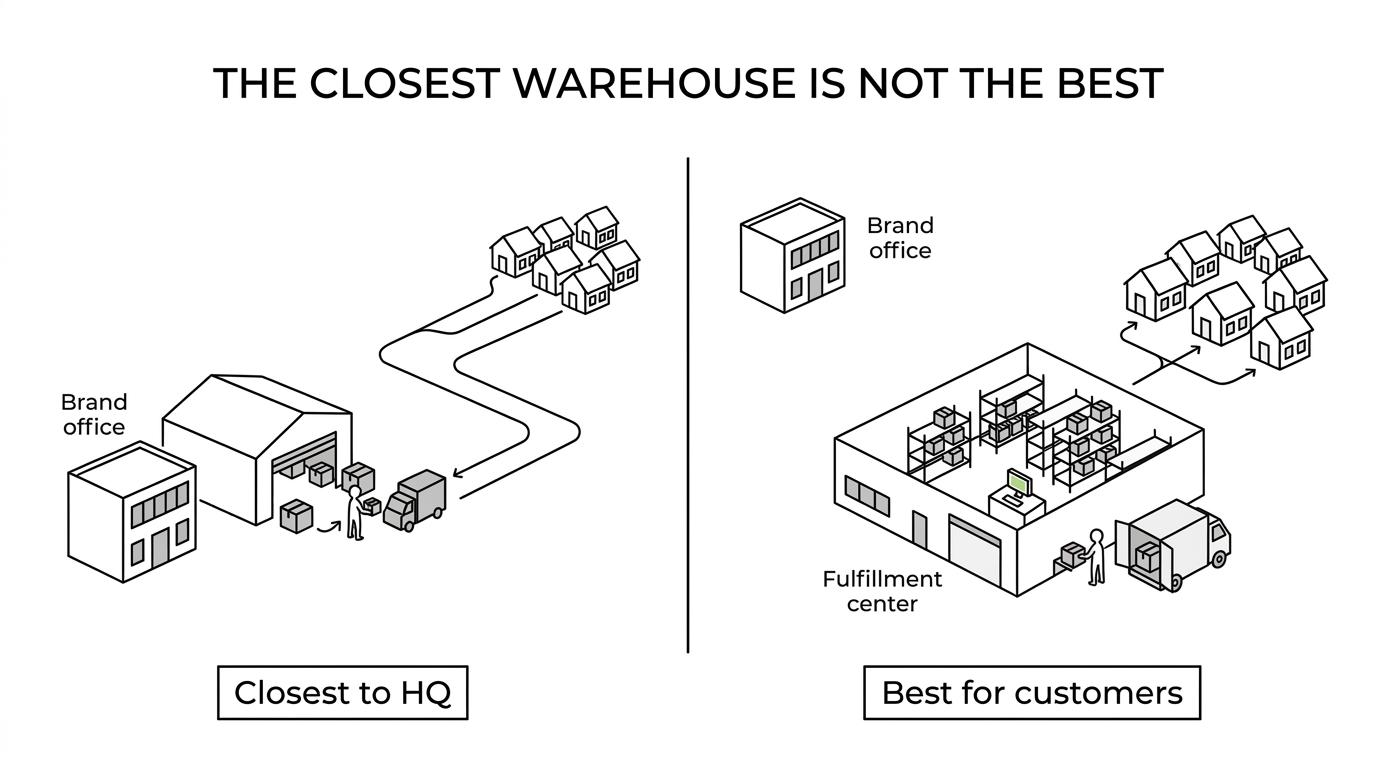 Side-by-side comparison of a nearby warehouse versus a better-fit California 3PL based on shipping reach, carrier handoff, accuracy, systems, and compliance.