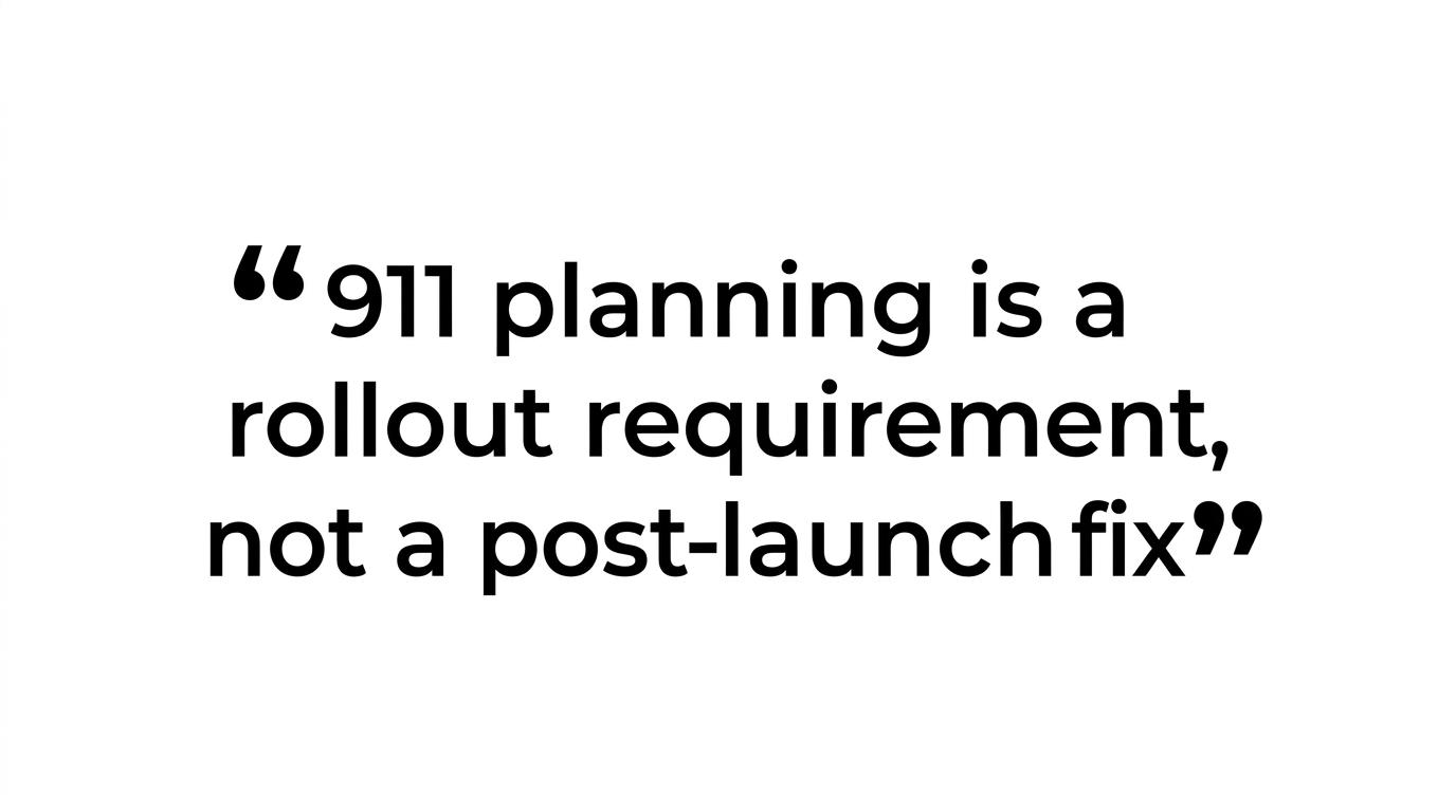 Highlighted quote stating that multi-site 911 planning should be treated as a rollout requirement, not a post-launch fix.