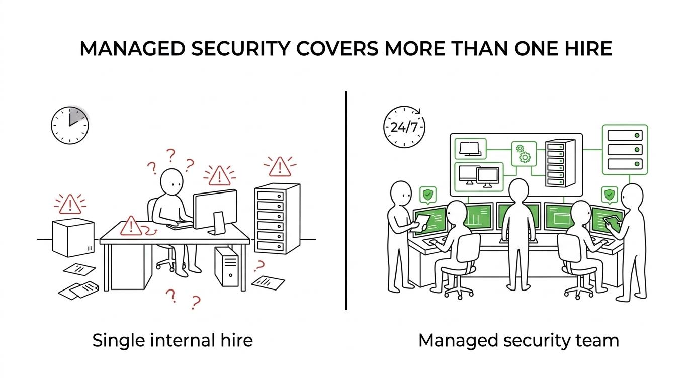 Side-by-side comparison of internal security hiring, managed cybersecurity services, and a co-managed model for a small business.