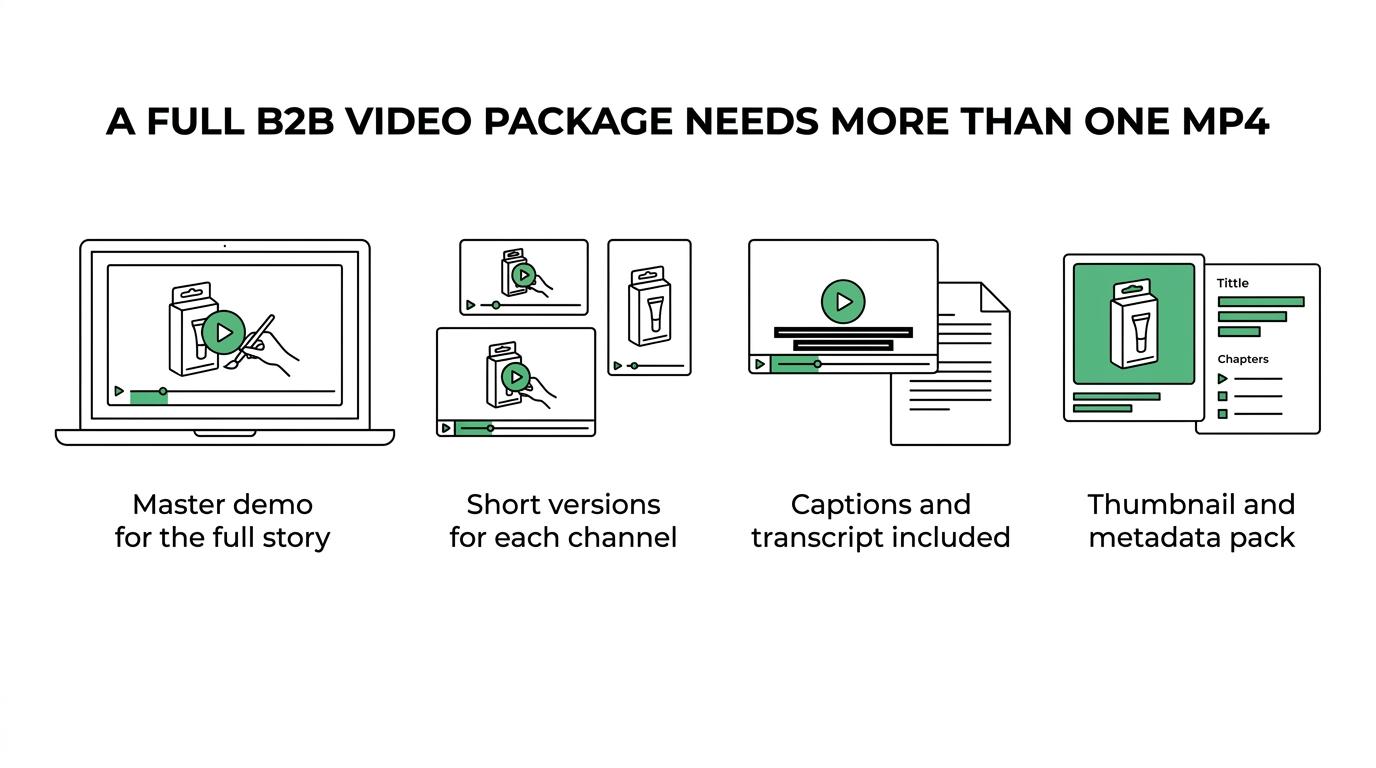 A visual checklist of nine B2B product video deliverables including master demo, cutdowns, captions, transcript, thumbnails, and metadata.