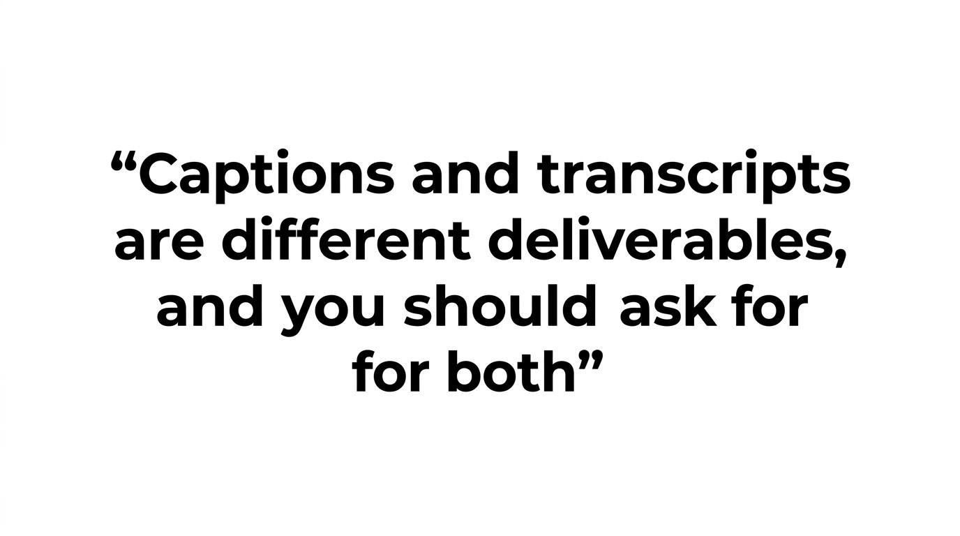 A highlighted quote stating that captions and transcripts are different deliverables and buyers should ask for both.