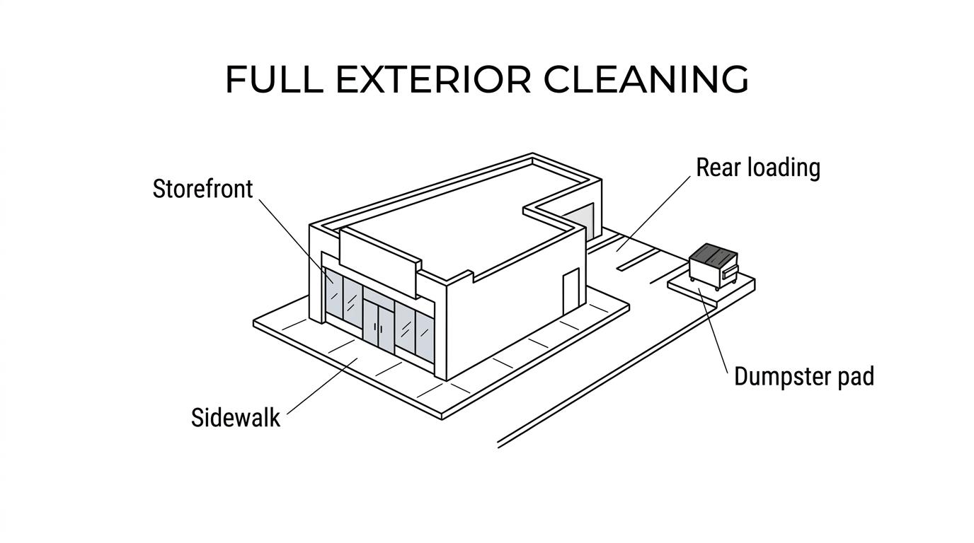 Elevation Power Washing Restaurant Cleaning Columbia SC 1 Labeled diagram of a restaurant exterior showing storefront, sidewalks, entry concrete, curb lines, rear loading zone, storm-drain approach, dumpster pad, building exterior, and windows.
